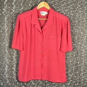 Vintage‎ Prophecy Square Womens Blouse Top Pink Button-Up Short Sleeve Pocket